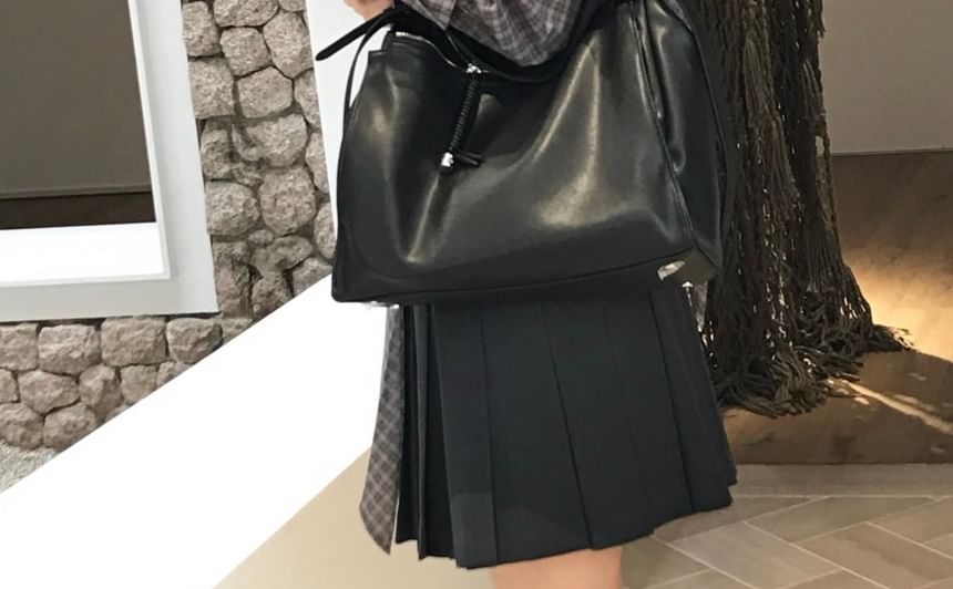 Tie-Neck Plaid Long-Sleeve Shirt