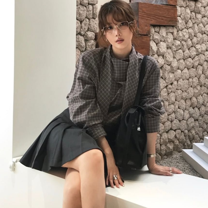Tie-Neck Plaid Long-Sleeve Shirt