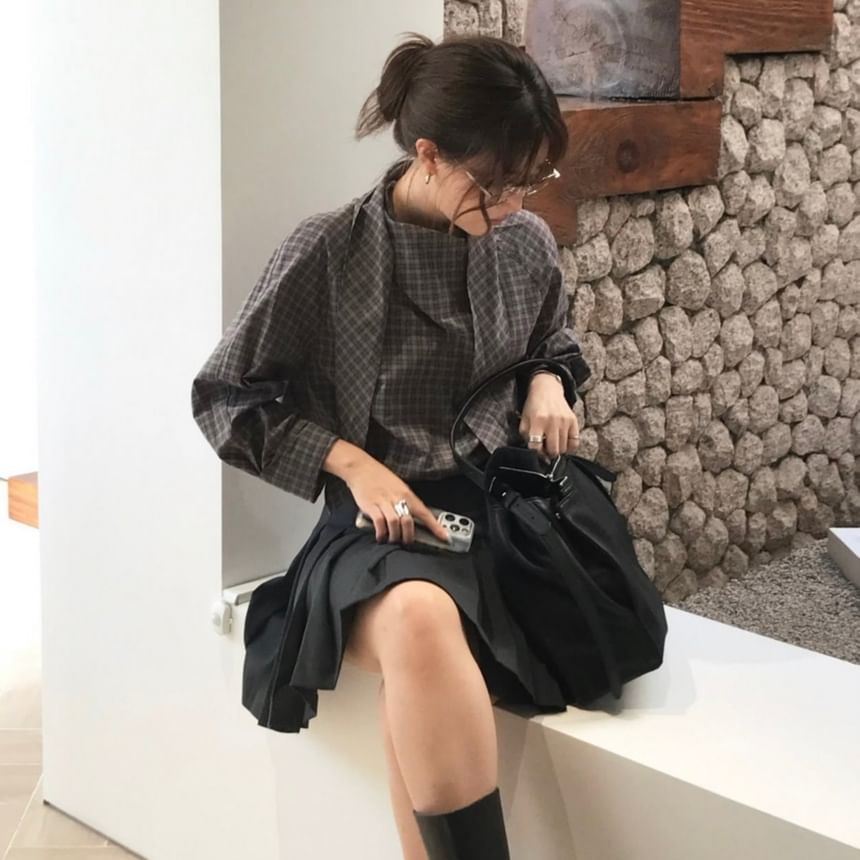Tie-Neck Plaid Long-Sleeve Shirt