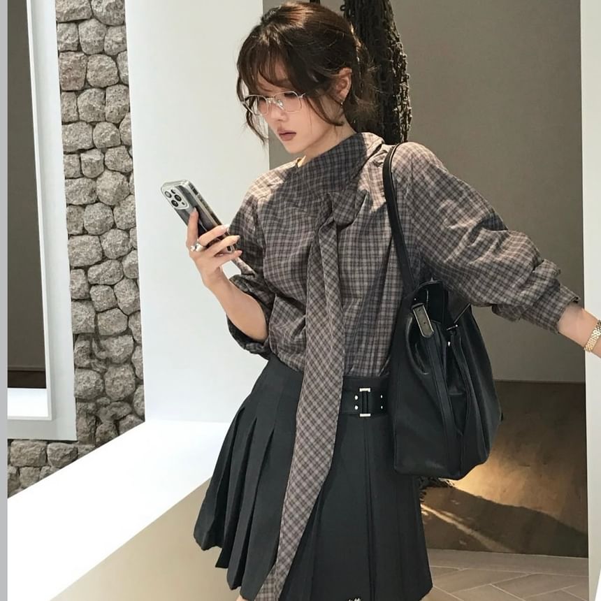 Tie-Neck Plaid Long-Sleeve Shirt