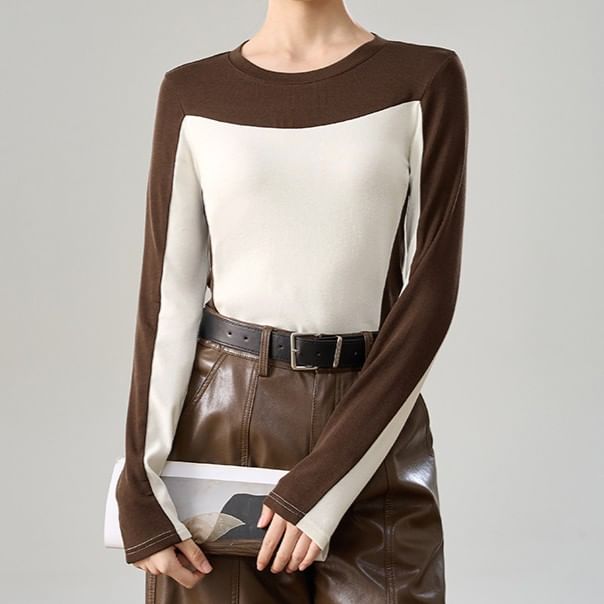 Two-Tone Crew Neck Fitted Long-Sleeve Top