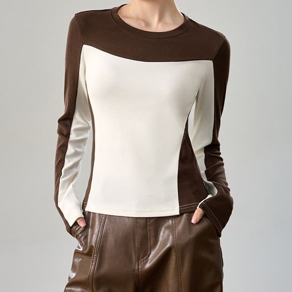 Two-Tone Crew Neck Fitted Long-Sleeve Top