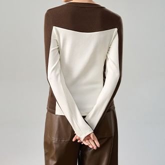 Two-Tone Crew Neck Fitted Long-Sleeve Top