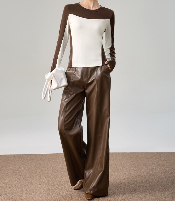 Two-Tone Crew Neck Fitted Long-Sleeve Top
