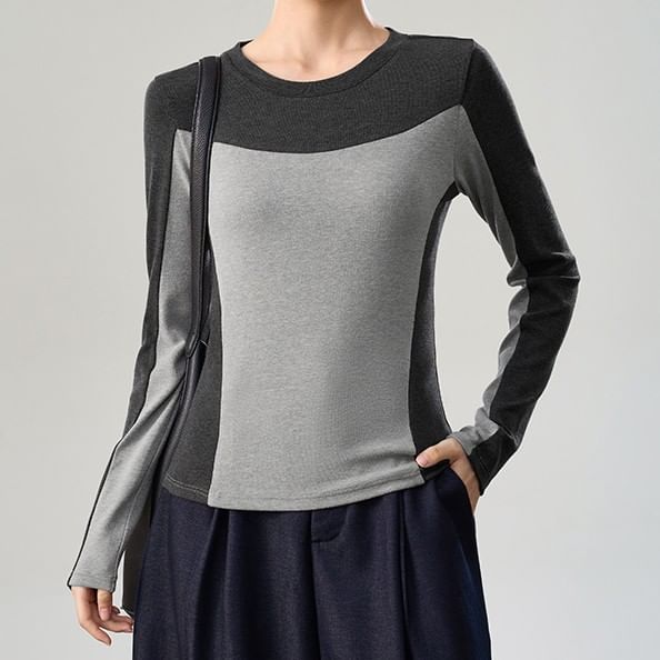 Two-Tone Crew Neck Fitted Long-Sleeve Top
