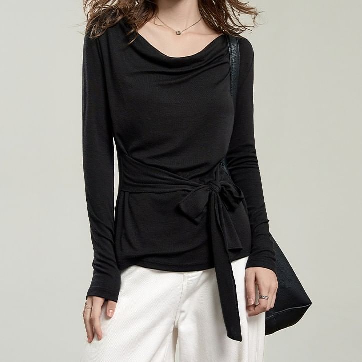 Cowl Neck Tie-Waist Plain Tee