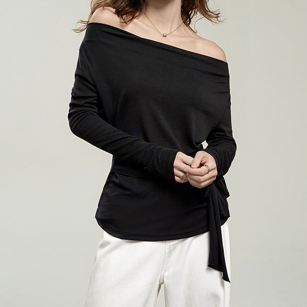 Cowl Neck Tie-Waist Plain Tee