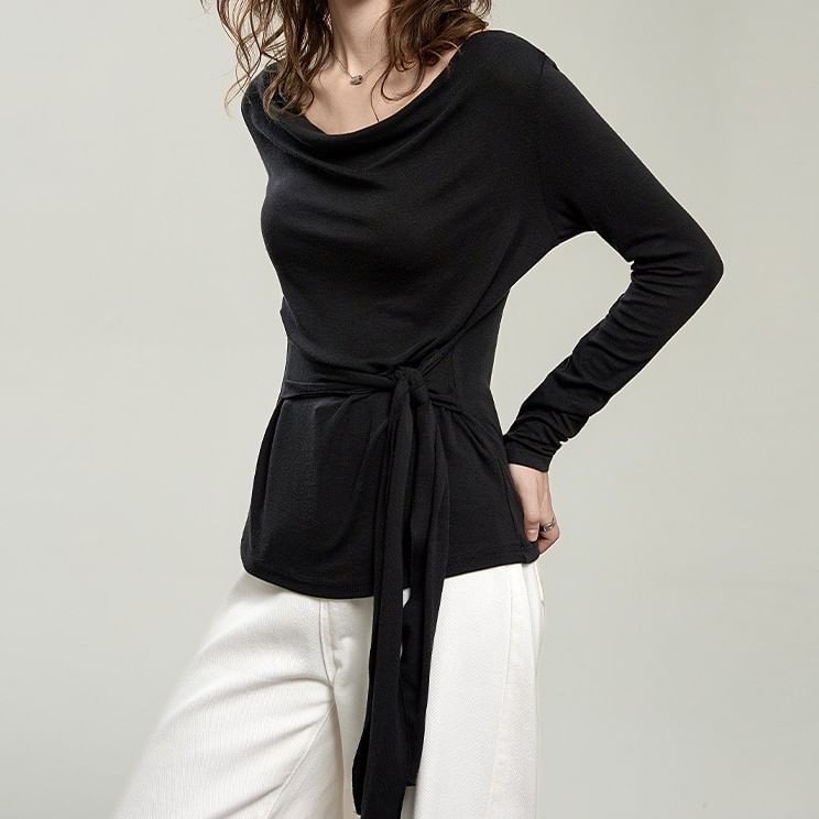 Cowl Neck Tie-Waist Plain Tee