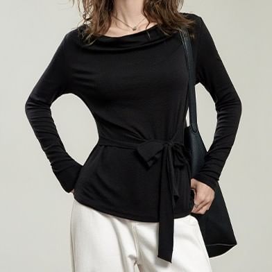 Cowl Neck Tie-Waist Plain Tee