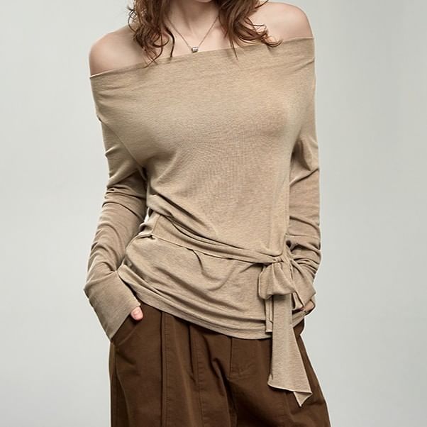 Cowl Neck Tie-Waist Plain Tee
