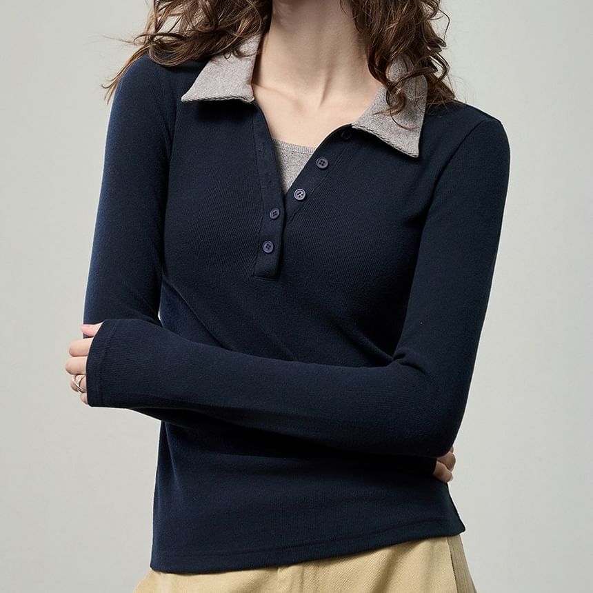 Collared Two-Tone Mock Two-Piece Fitted Top