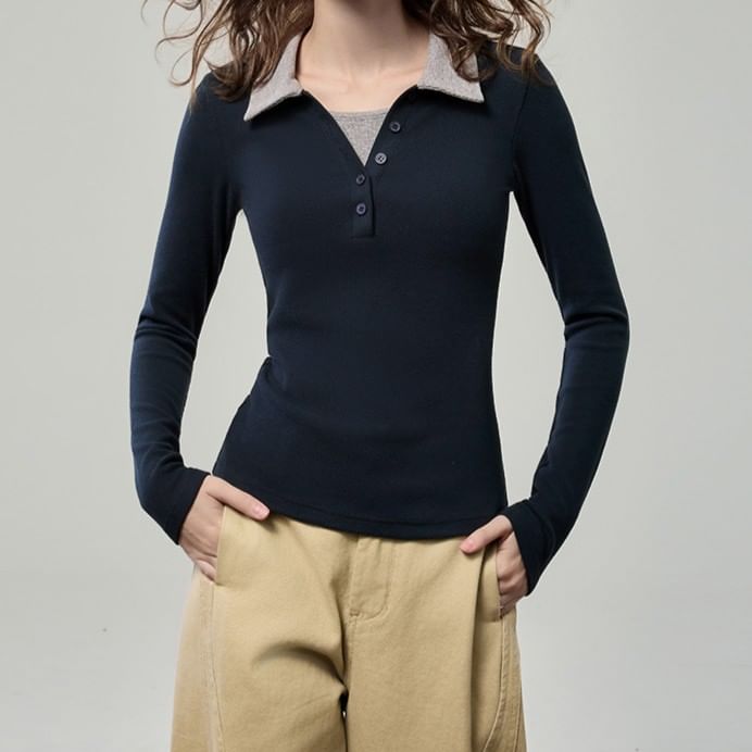 Collared Two-Tone Mock Two-Piece Fitted Top