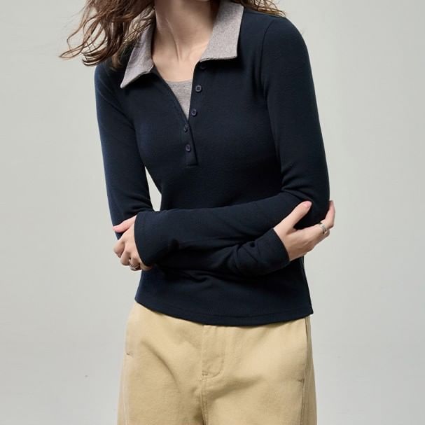 Collared Two-Tone Mock Two-Piece Fitted Top