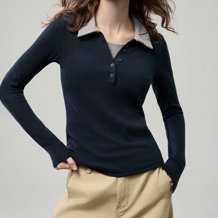 Collared Two-Tone Mock Two-Piece Fitted Top