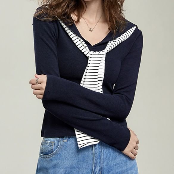 Sailor Collar Stripe Panel Fitted Shirt