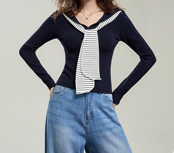Sailor Collar Stripe Panel Fitted Shirt