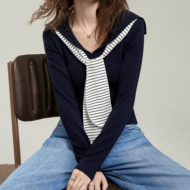 Sailor Collar Stripe Panel Fitted Shirt