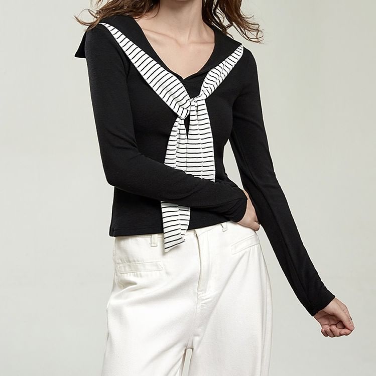 Sailor Collar Stripe Panel Fitted Shirt