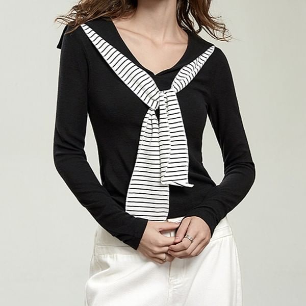 Sailor Collar Stripe Panel Fitted Shirt