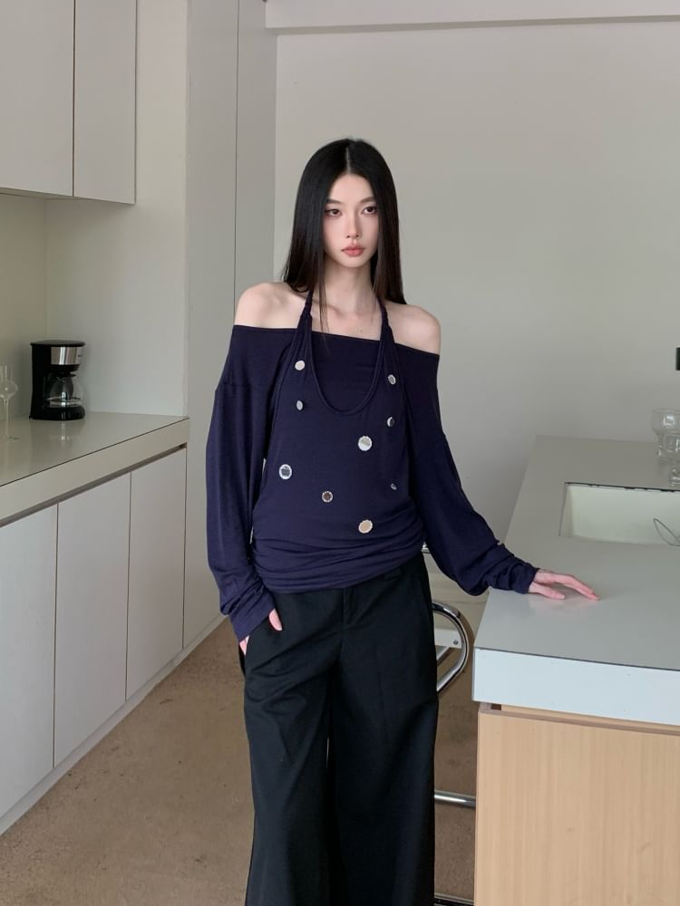 Halter Neck Two-Piece Long Sleeve Top