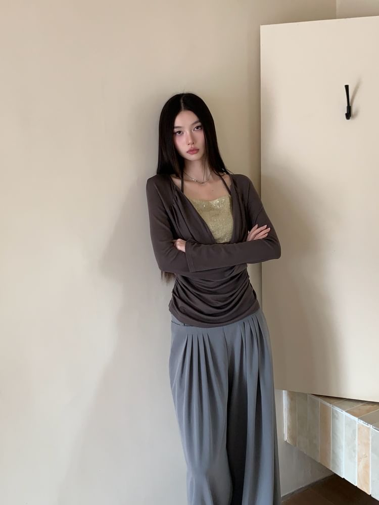 Two-Piece Sequin Panel Long Sleeve Top