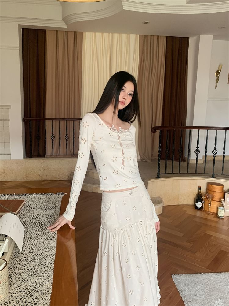 Lace Long Sleeve Top with High-Waist Maxi Skirt