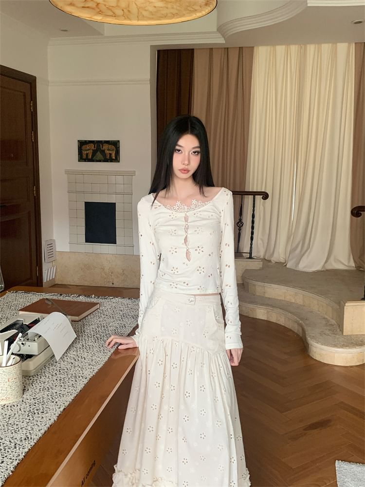 Lace Long Sleeve Top with High-Waist Maxi Skirt