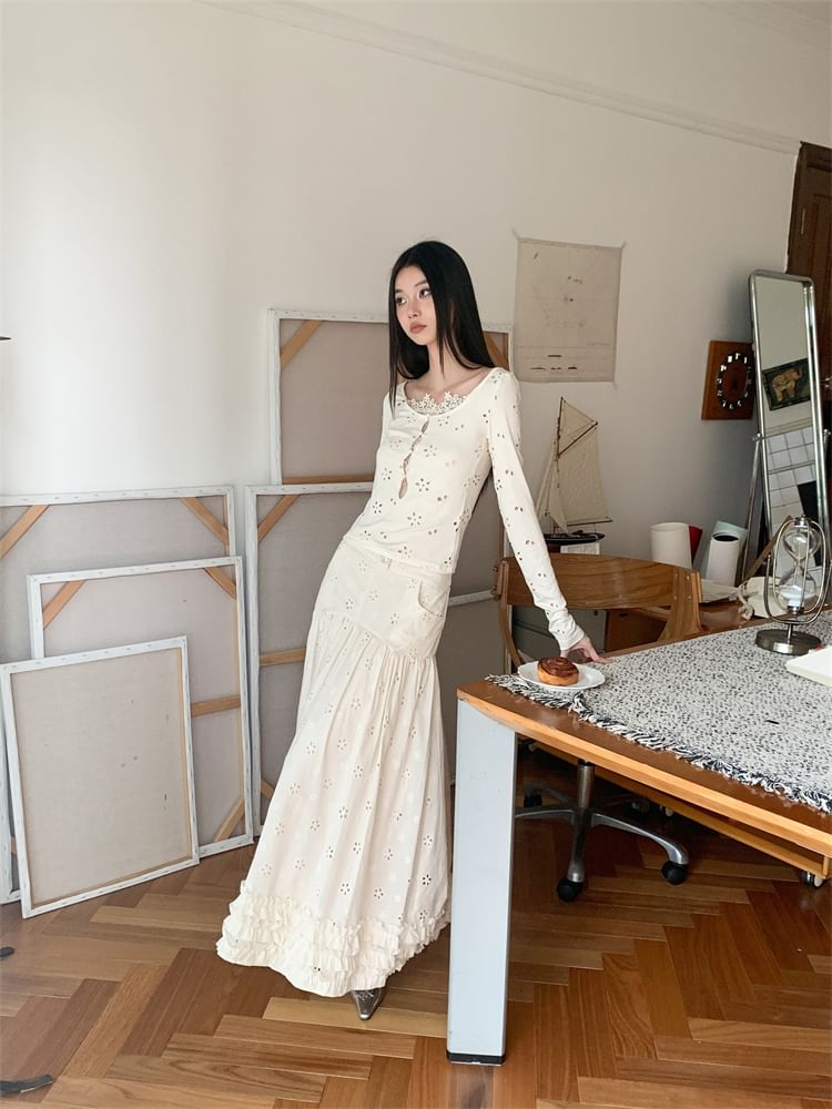 Lace Long Sleeve Top with High-Waist Maxi Skirt