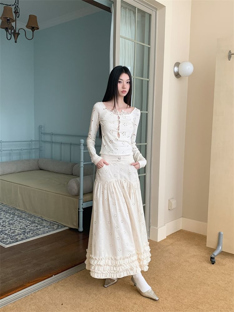 Lace Long Sleeve Top with High-Waist Maxi Skirt