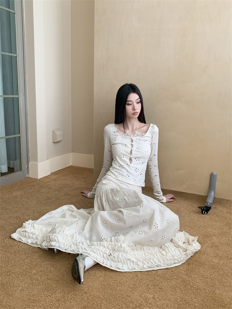 Lace Long Sleeve Top with High-Waist Maxi Skirt