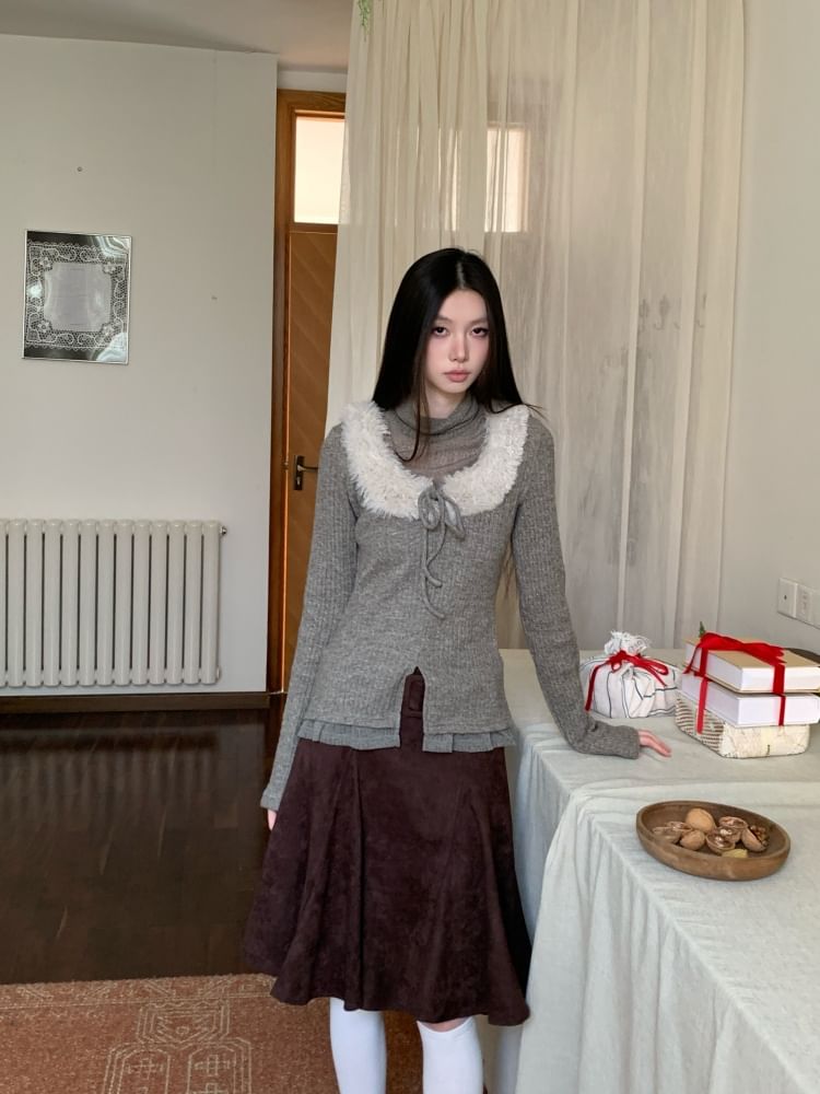 Two-Piece Fleece Panel Long Sleeve Knit Top