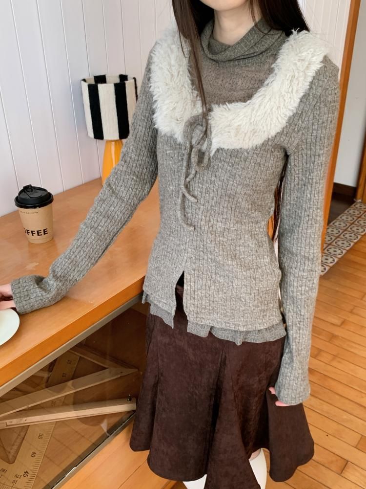 Two-Piece Fleece Panel Long Sleeve Knit Top