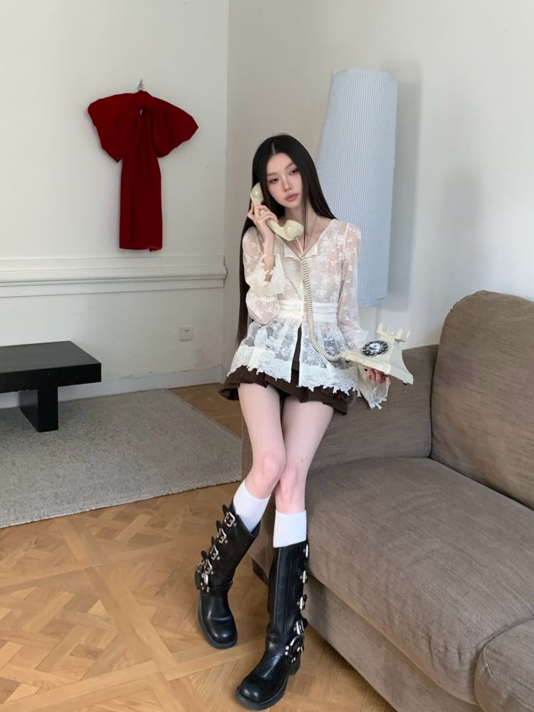 V-Neck Lace Long Sleeve Top