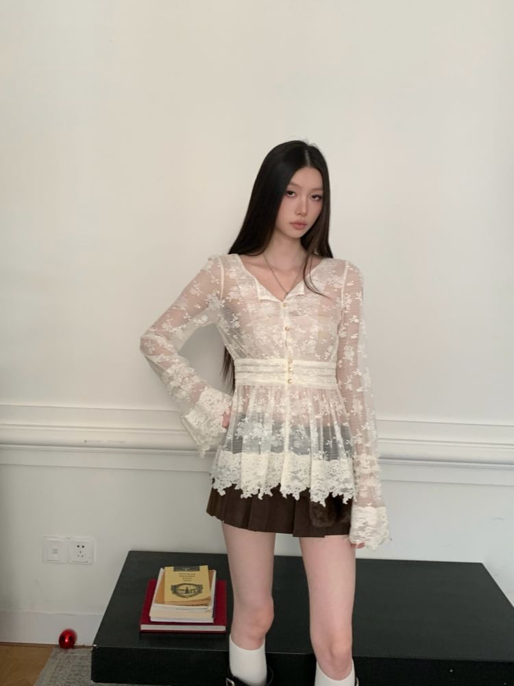 V-Neck Lace Long Sleeve Top