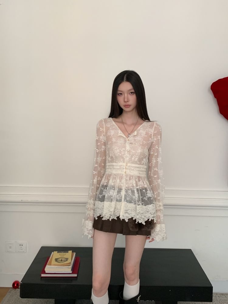V-Neck Lace Long Sleeve Top