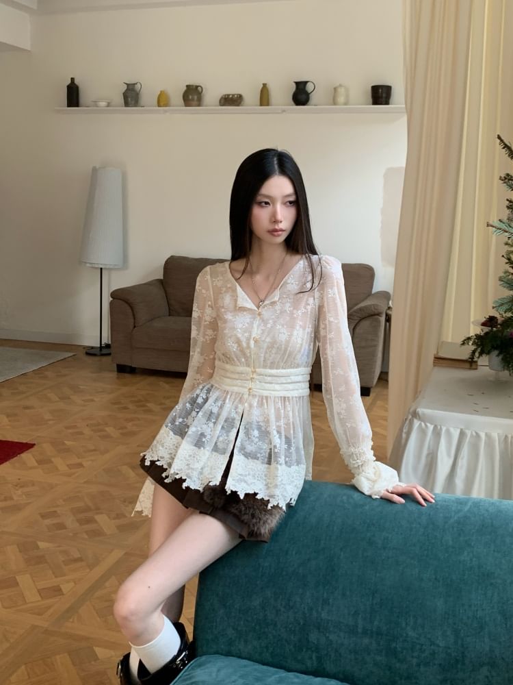 V-Neck Lace Long Sleeve Top