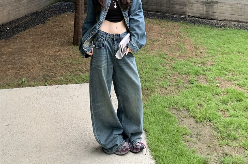 Washed Denim Shirt and Low-Rise Wide-Leg Jeans