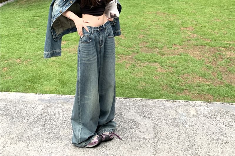 Washed Denim Shirt and Low-Rise Wide-Leg Jeans