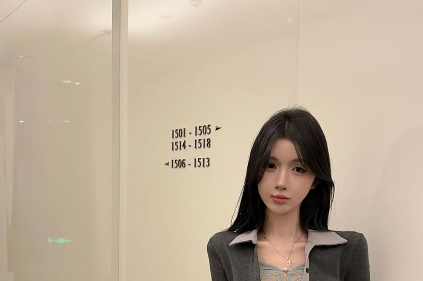 Lace Panel Contrast Collar Polo with Mock Two-Piece