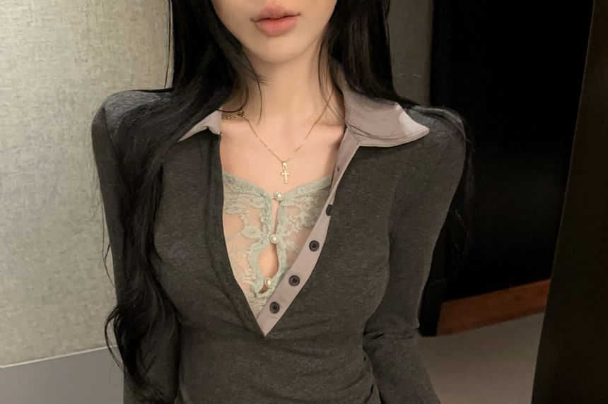 Lace Panel Contrast Collar Polo with Mock Two-Piece