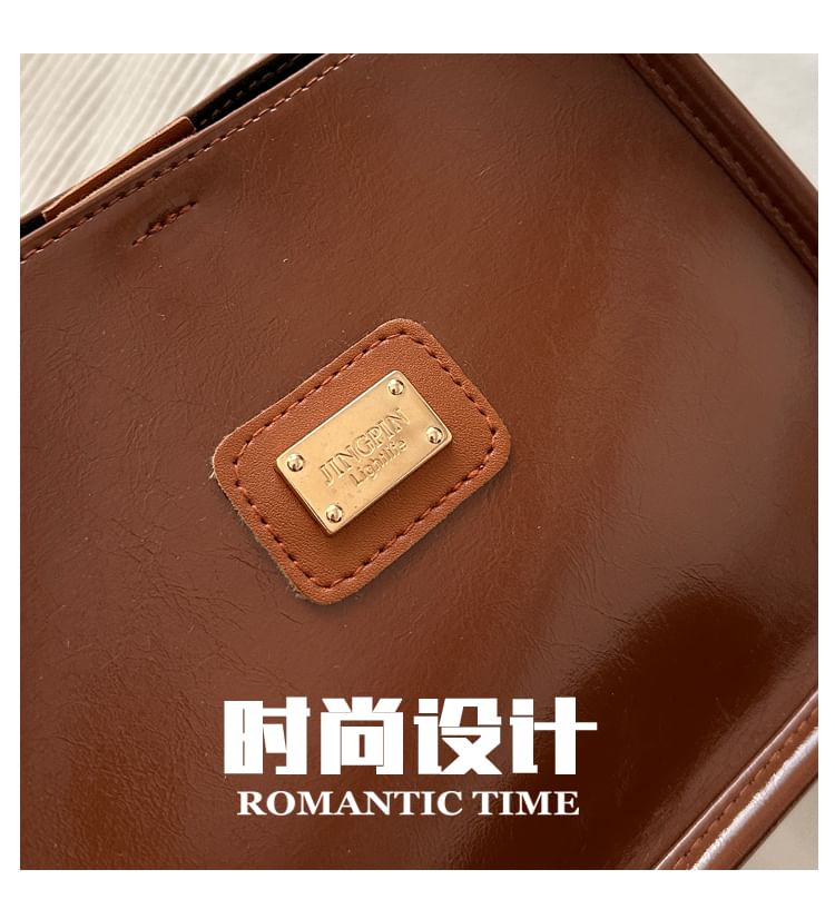 Faux Leather Metal Plaque Shoulder Bag