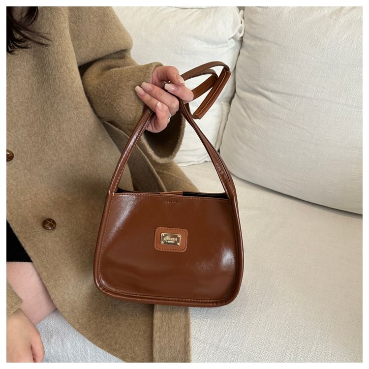 Faux Leather Metal Plaque Shoulder Bag