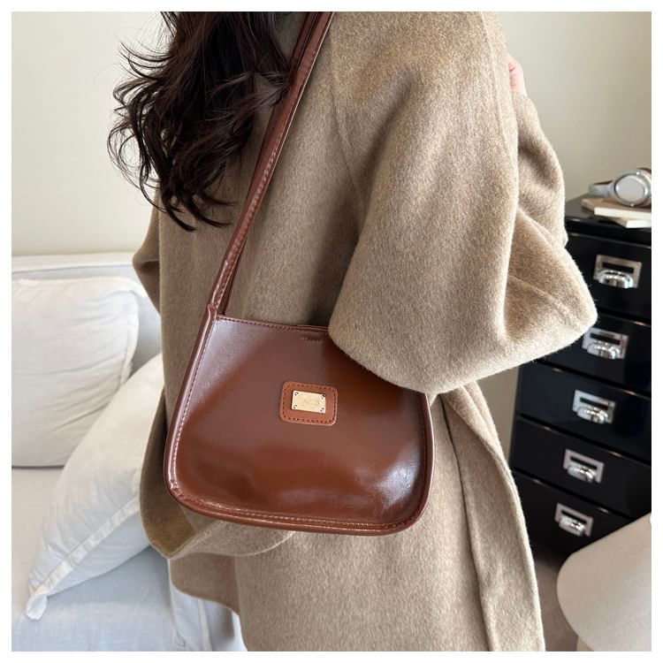 Faux Leather Metal Plaque Shoulder Bag
