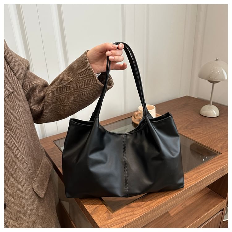 Faux Leather Plain Shoulder Bag