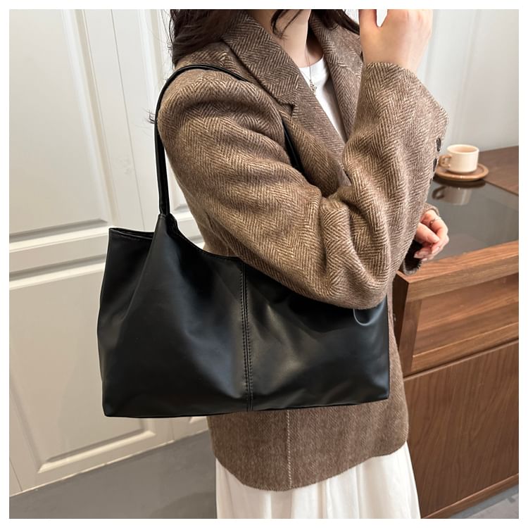 Faux Leather Plain Shoulder Bag
