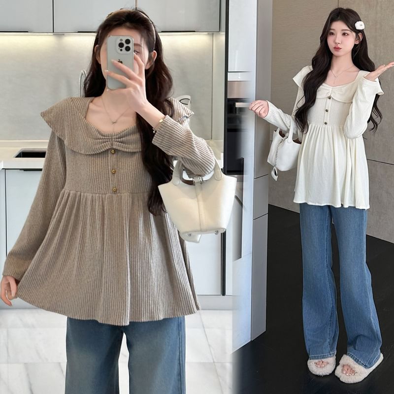 Maternity Square Neck Peplum Ribbed Top with Buttons