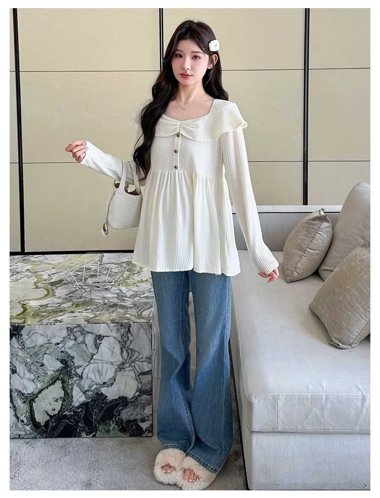 Maternity Square Neck Peplum Ribbed Top with Buttons