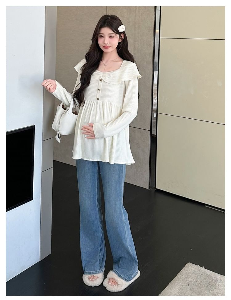 Maternity Square Neck Peplum Ribbed Top with Buttons