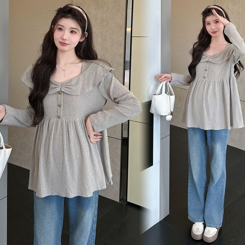 Maternity Square Neck Peplum Ribbed Top with Buttons
