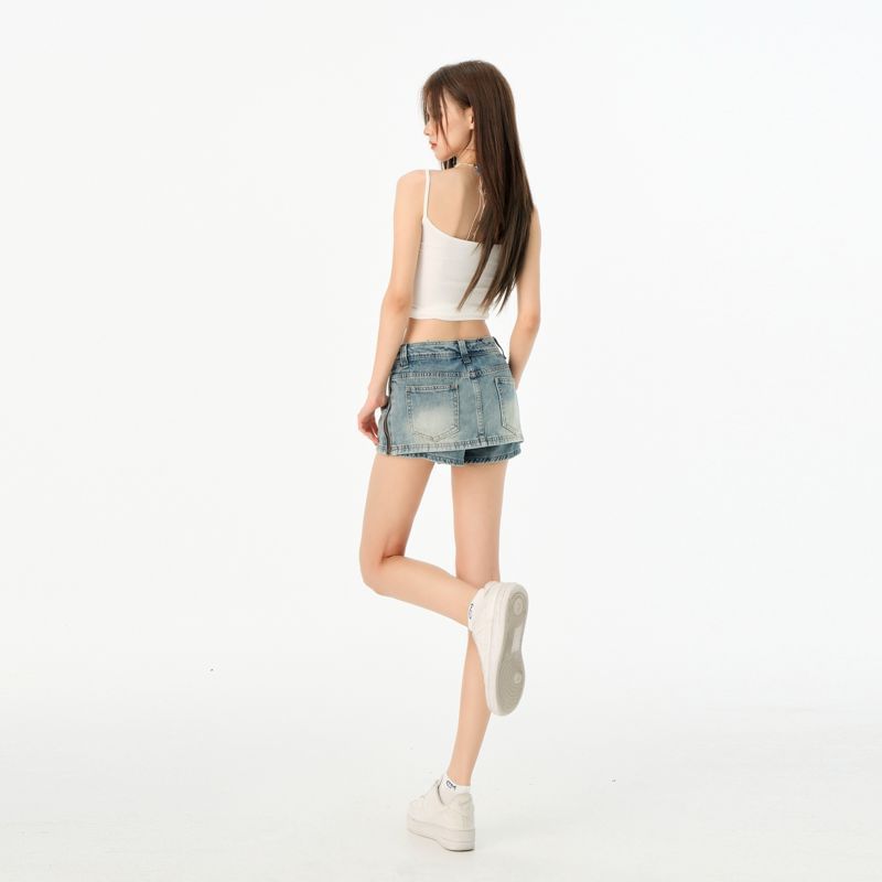 Mid Waist Zip Slit Mini Denim Skort